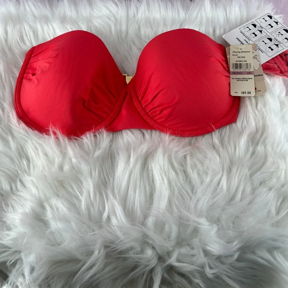 Tommy Bahama Pearl Solids Chic Strapless Bikini Top 34D Bright Coral NEW